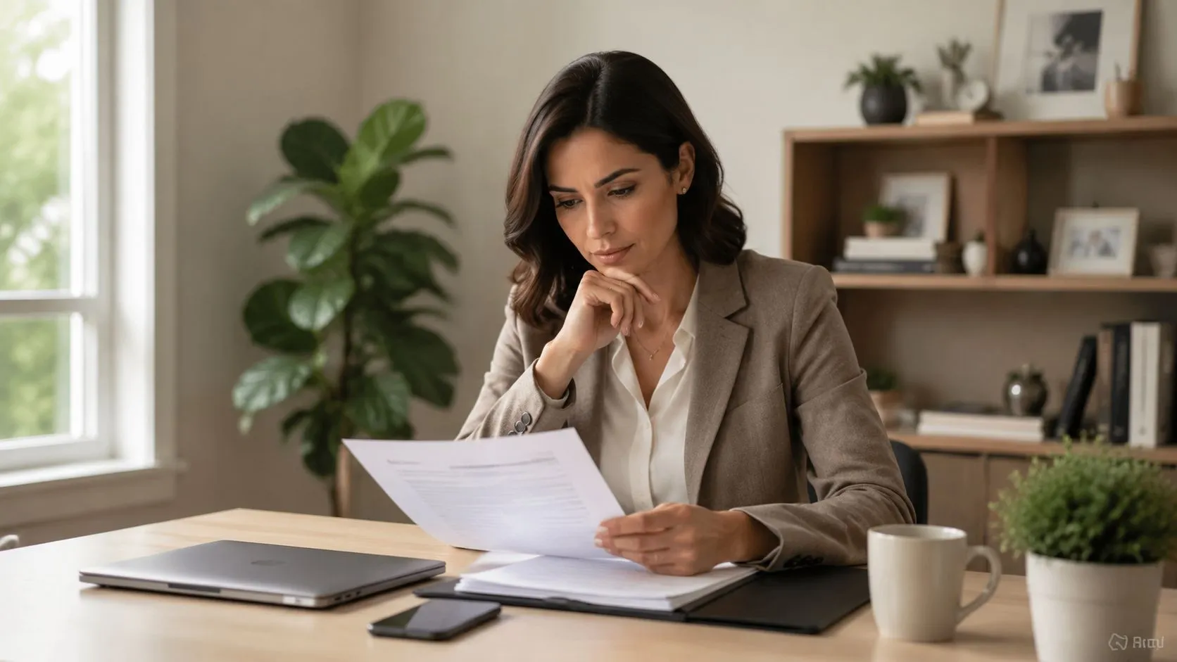 A professional woman sitting at a desk reading important legal documents in a modern home office.