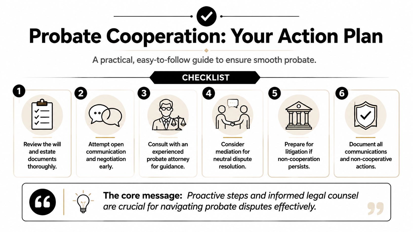 A six-step checklist providing a practical action plan for handling non-cooperation during the probate process effectively.