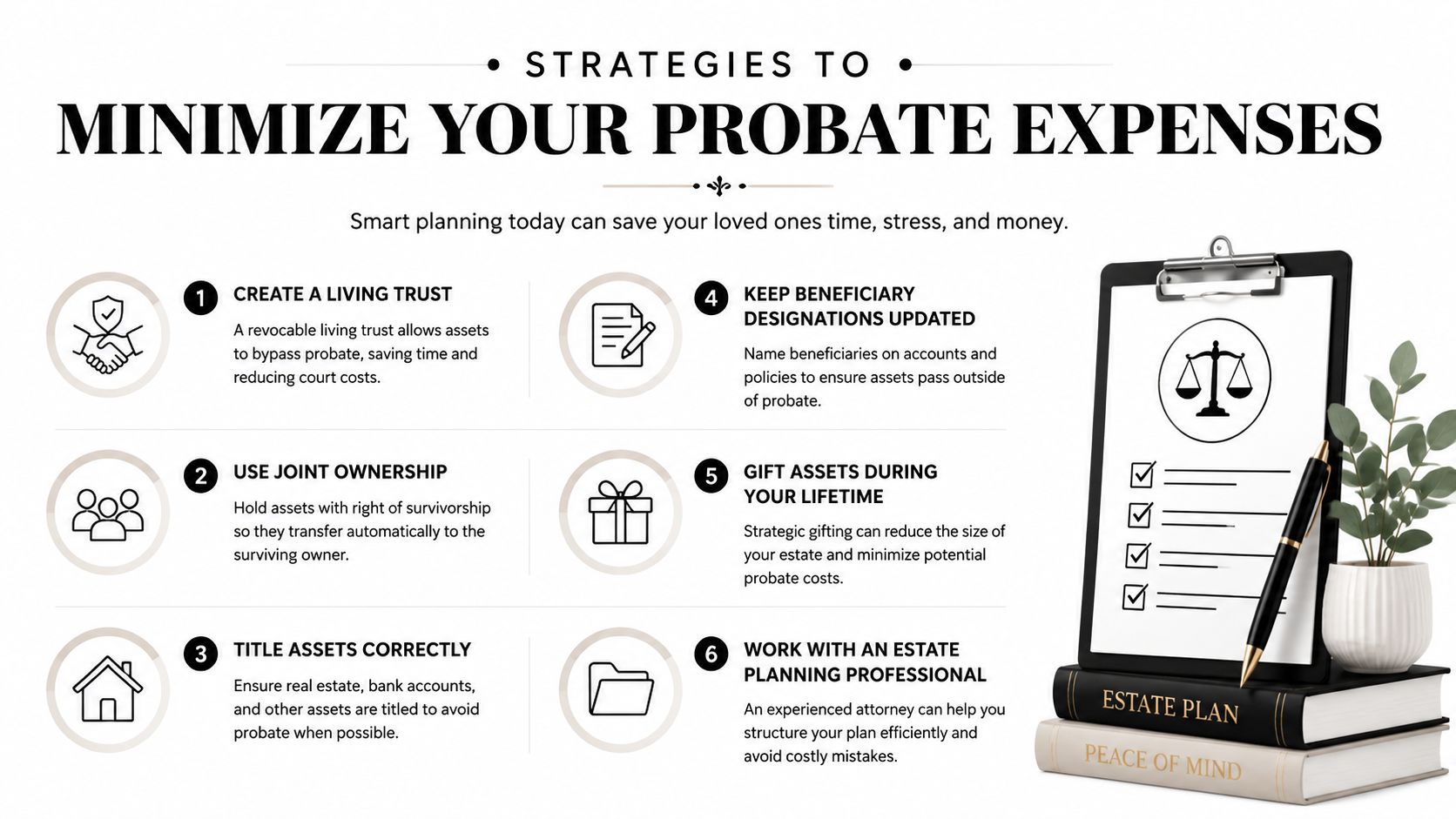 An infographic showing six strategies to minimize probate expenses through estate planning, trusts, and gifting.