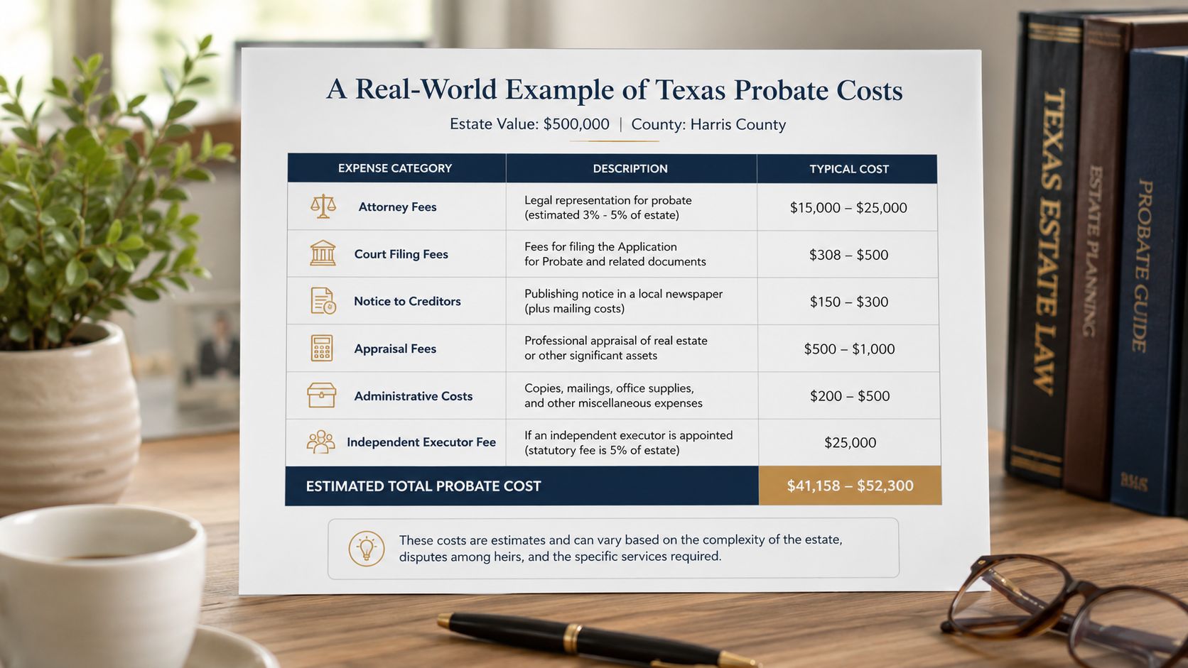 A chart showing estimated Texas probate costs for a $500,000 estate, including attorney, court, and executor fees.