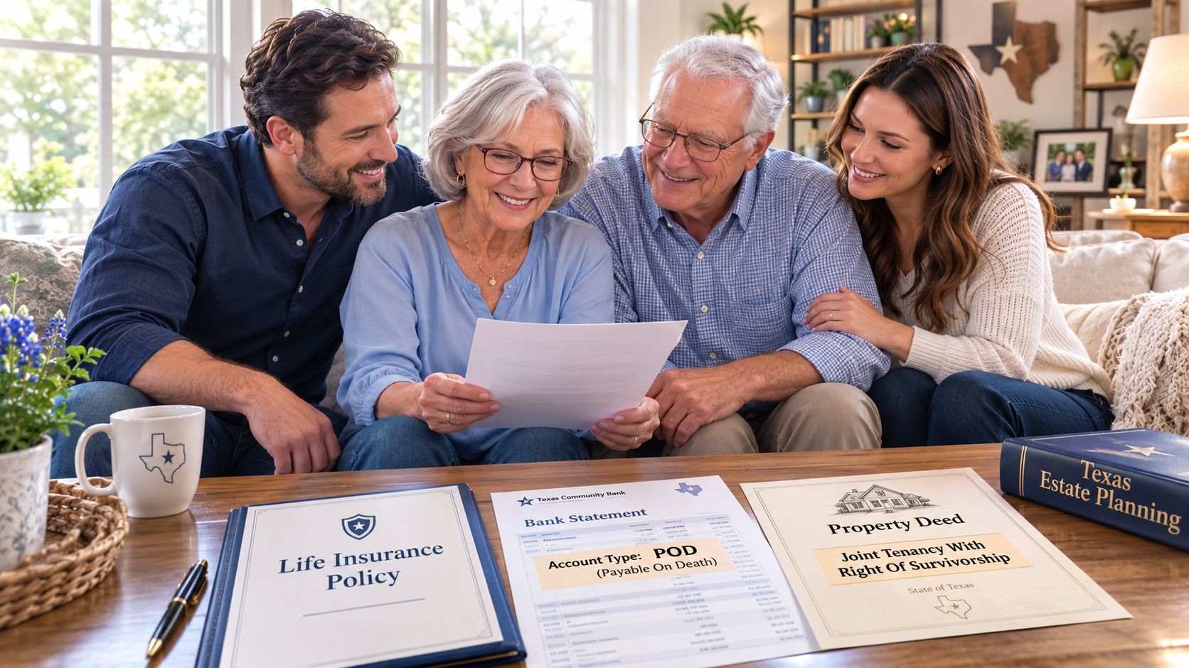 A happy multi-generational family reviewing legal and financial documents together in a cozy living room setting.