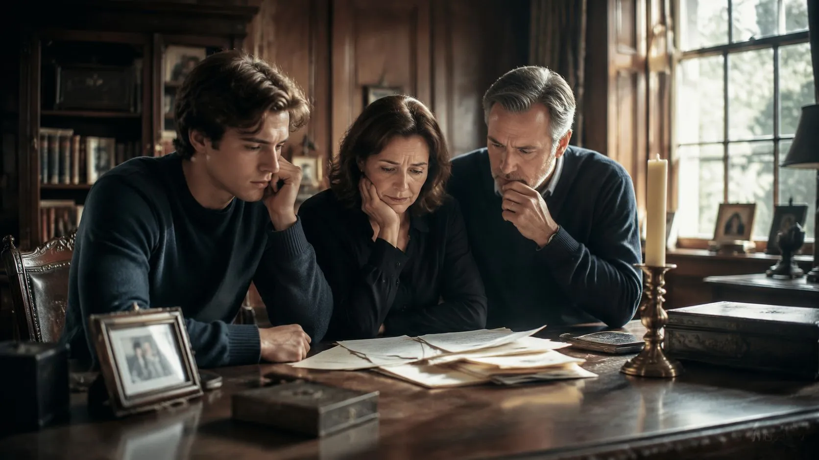 A worried family sits around a table reviewing important legal documents together in a dimly lit library.