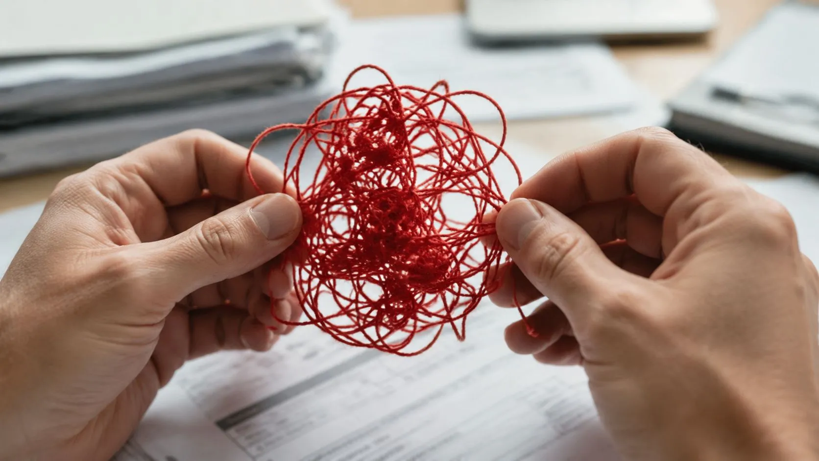 A person holding a tangled ball of red thread over legal documents, representing complicated estate planning issues.