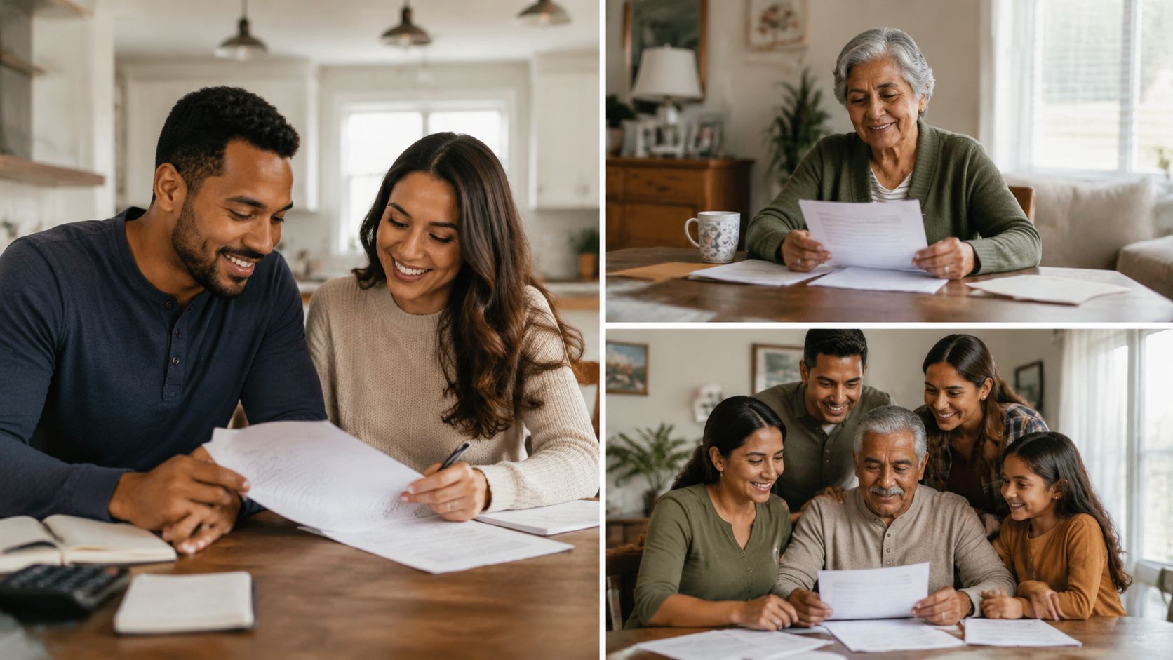A diverse family gathering in a home setting to review important financial and legal documents together.