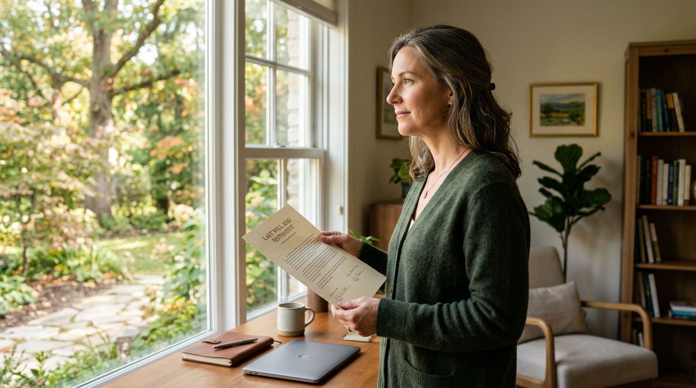 A woman stands by a window holding a Last Will and Testament document in her hands.