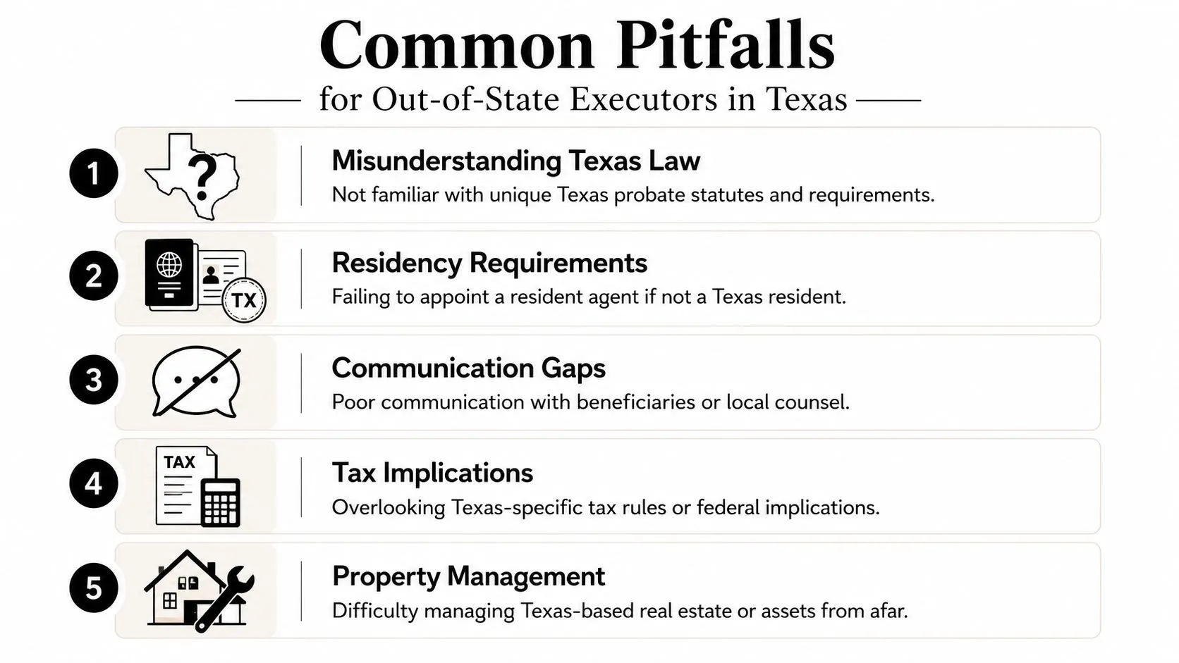 An infographic titled Common Pitfalls for Out-of-State Executors in Texas listing five key legal and logistical challenges.