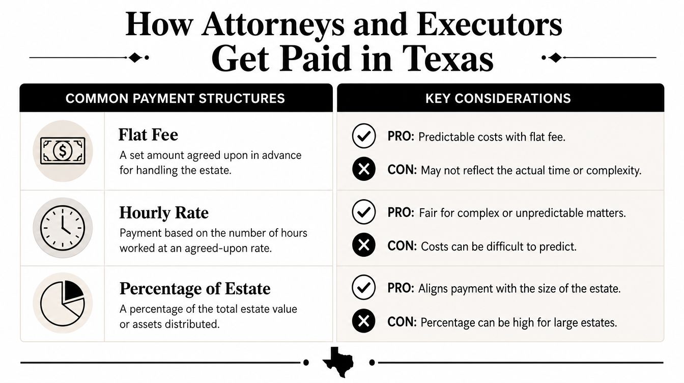 A table outlining common payment structures for attorneys and executors in Texas, including pros and cons.