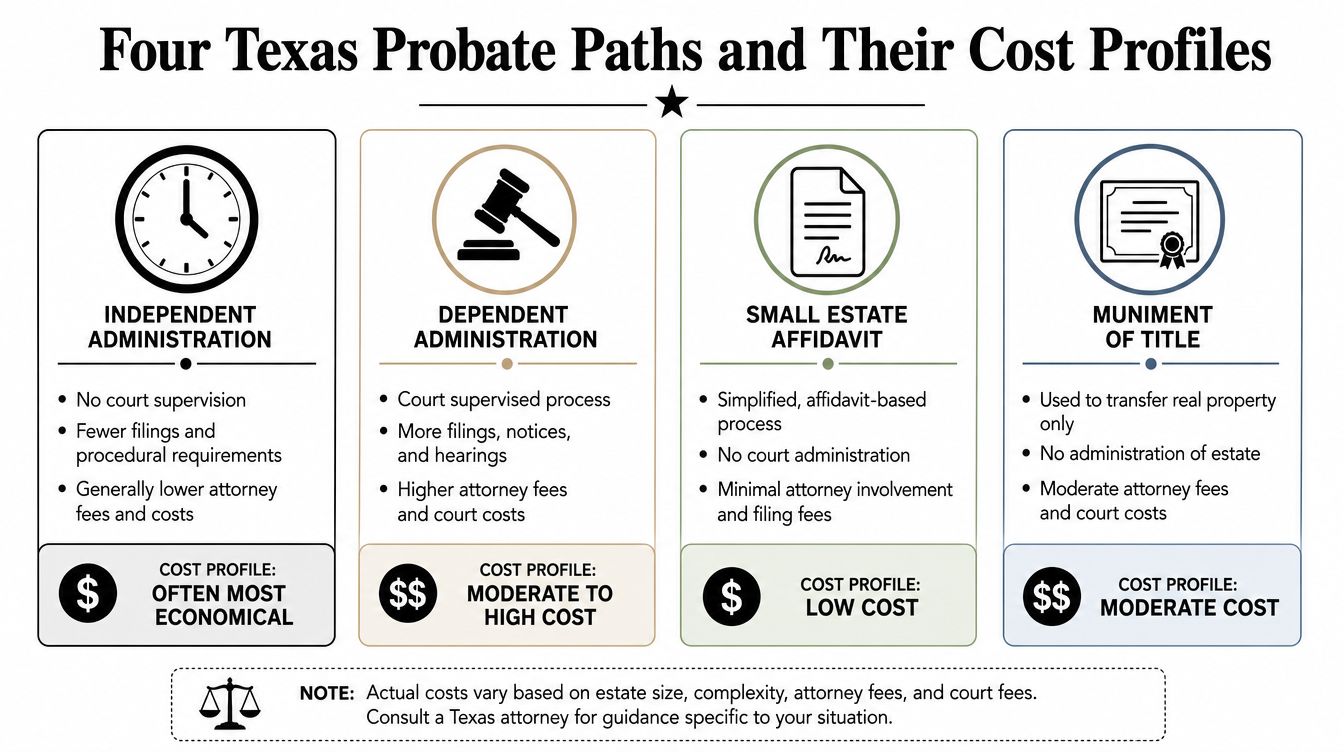 A chart illustrating the four main types of Texas probate processes and their relative cost profiles.