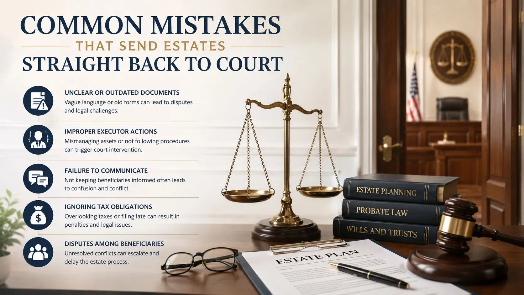 An infographic titled Common Mistakes That Send Estates Straight Back To Court, displaying legal symbols on a desk.