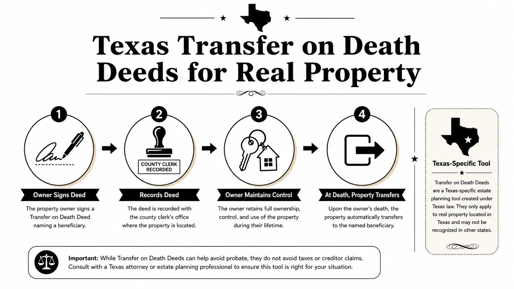 A four-step infographic explaining how a Texas Transfer on Death Deed functions for real estate property.