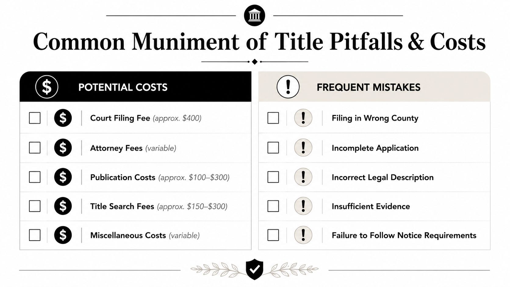An infographic titled Common Muniment of Title Pitfalls & Costs outlining financial expenses and common legal mistakes.