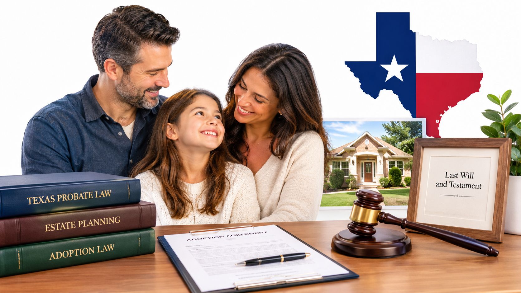 A happy family sitting together with legal books, a gavel, and a last will document.