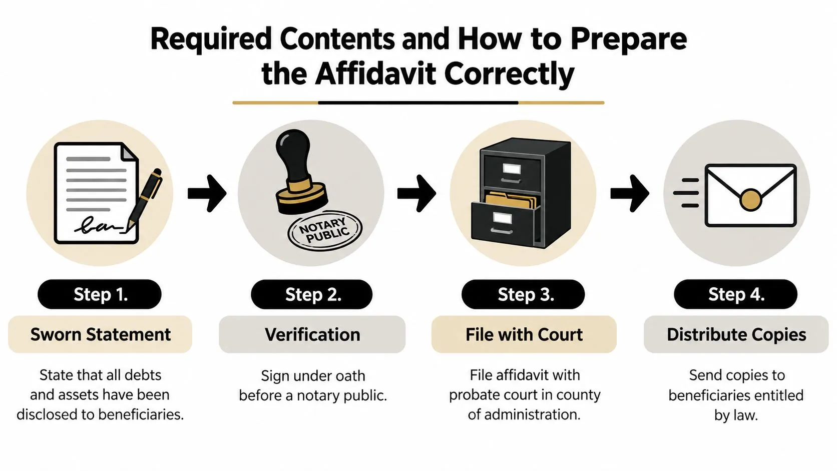 A four-step infographic illustrating the required process for preparing and filing an affidavit for probate purposes.