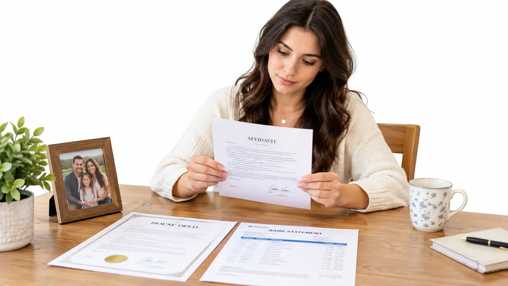 A woman reviewing legal documents including an affidavit, house deed, and bank statement at a wooden desk.