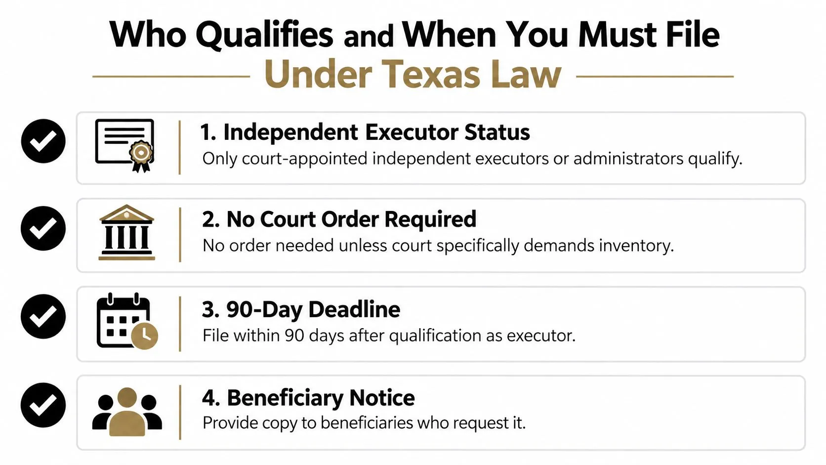 A list outlining Texas estate laws regarding who qualifies and when to file an inventory or affidavit.