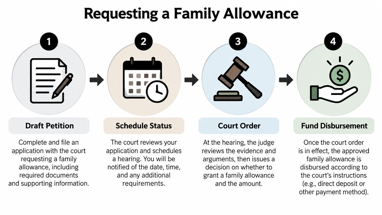 A four-step infographic illustrating the legal process for requesting a family allowance through court proceedings.