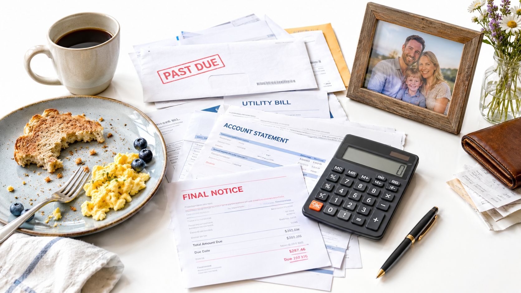 A breakfast table setting featuring bills, a calculator, a family photo, and unpaid financial notices.