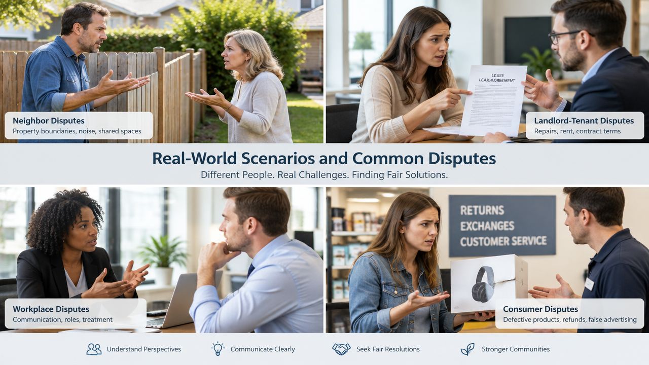 A collage showing four real-world scenarios representing neighbor, landlord-tenant, workplace, and consumer disputes requiring fair conflict resolution.