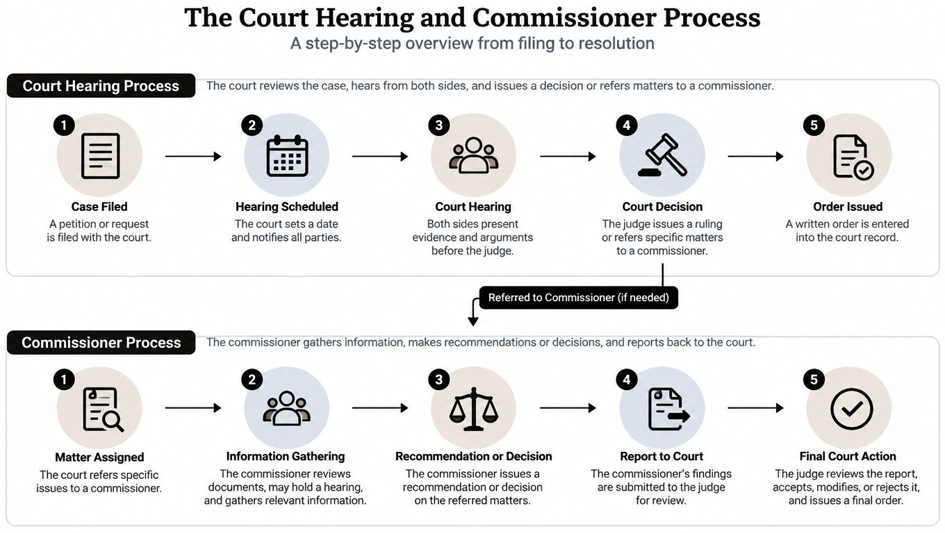 A flowchart detailing the court hearing and legal commissioner process from initial filing to final resolution.