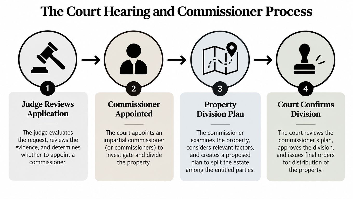 A four-step flowchart illustrating the court hearing and commissioner process for the division of property.