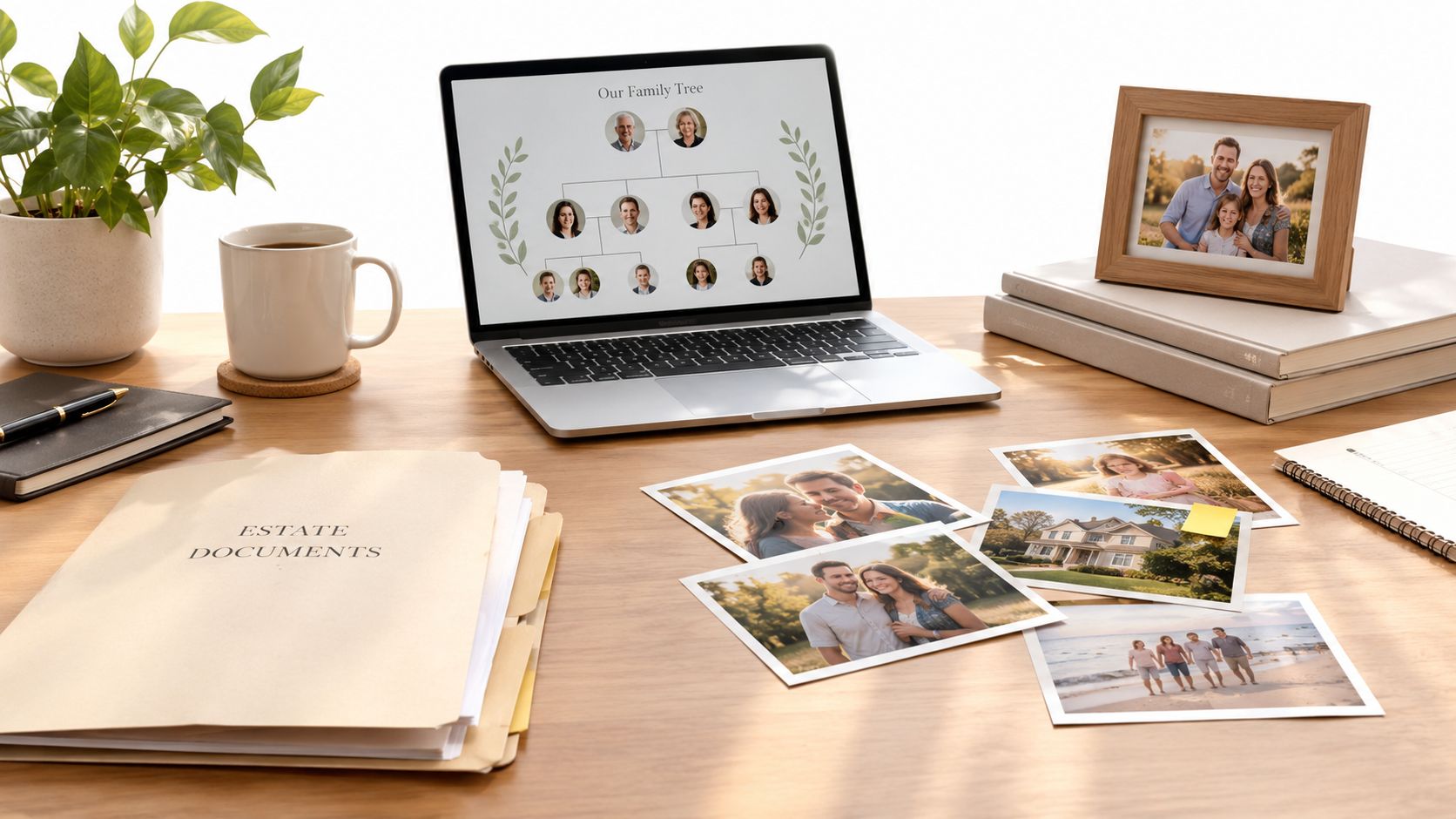 An organized desk with estate documents, a family tree on a laptop, and various family photos.