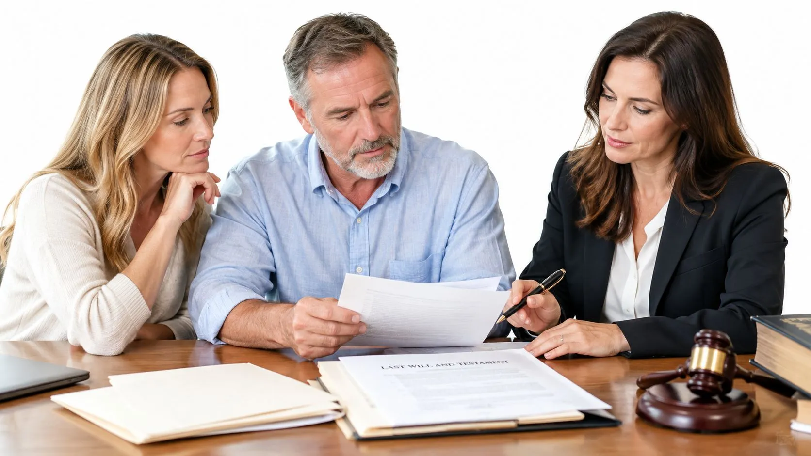 A professional lawyer consults with a couple about their estate planning and last will and testament documents.