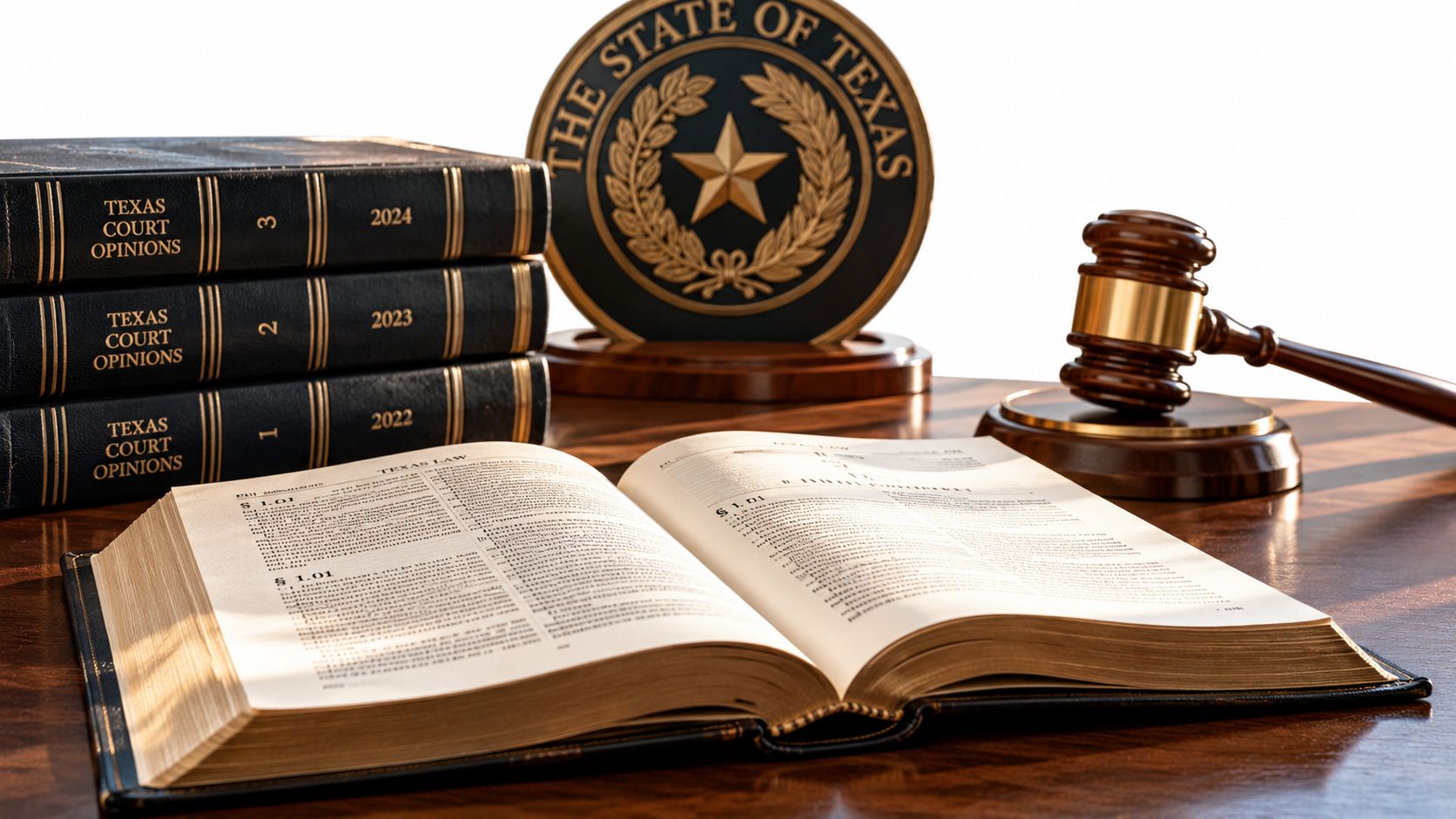 A gavel, open law book, and stacks of Texas court opinion volumes on a wooden desk.