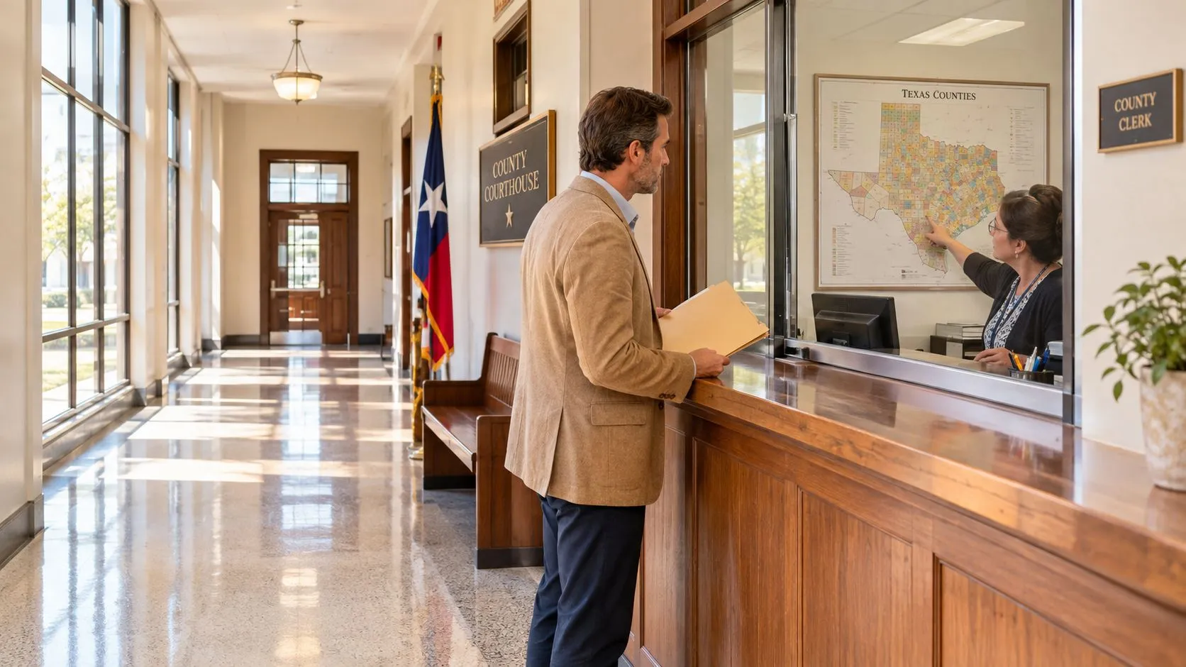 A man in a tan suit talks to a clerk in a Texas county courthouse office.
