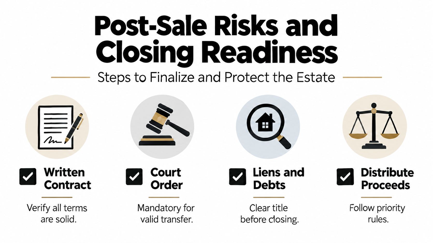 A four-step infographic illustrating requirements for finalizing real estate sales within an estate administration process.
