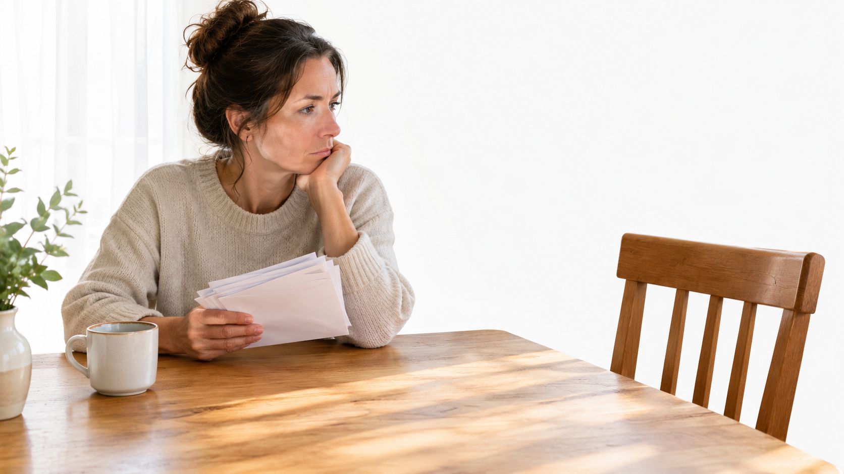 A pensive woman sits at a wooden table holding a stack of envelopes while looking away.