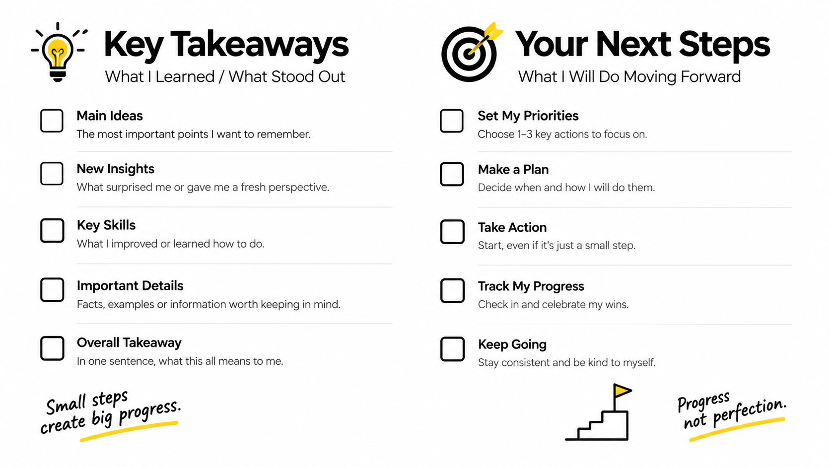 A worksheet titled Key Takeaways and Your Next Steps with checkboxes for organizing learning and planning actions.