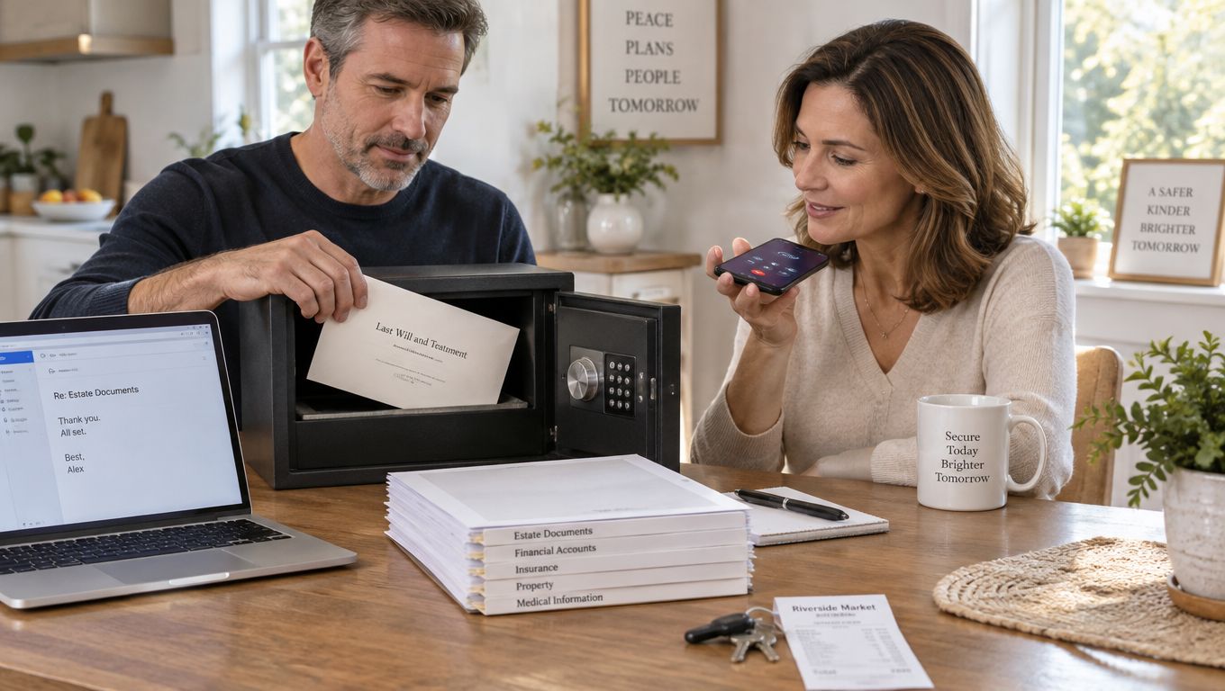 A couple organizing important legal documents and an estate will into a home safe on their dining table.