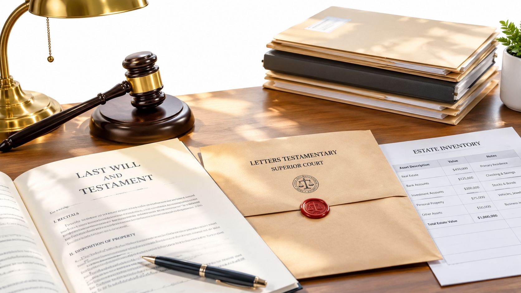 A wooden desk holding a Last Will and Testament, legal documents, a gavel, and an estate inventory list.