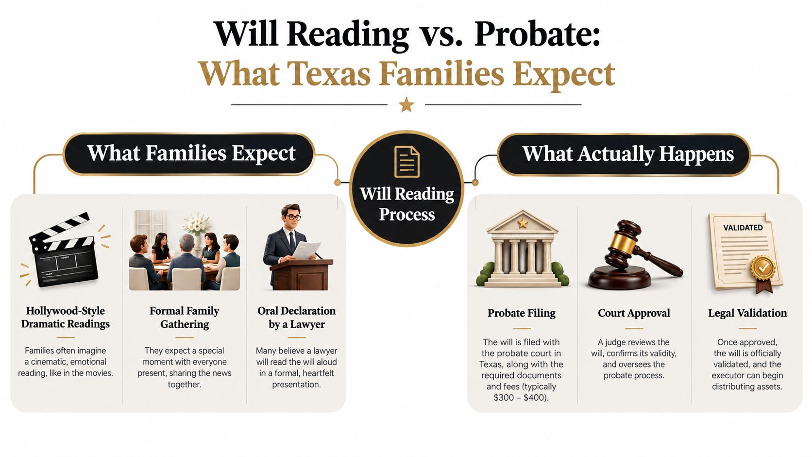 An infographic comparing the common cinematic myths of a will reading to the actual Texas legal probate process.