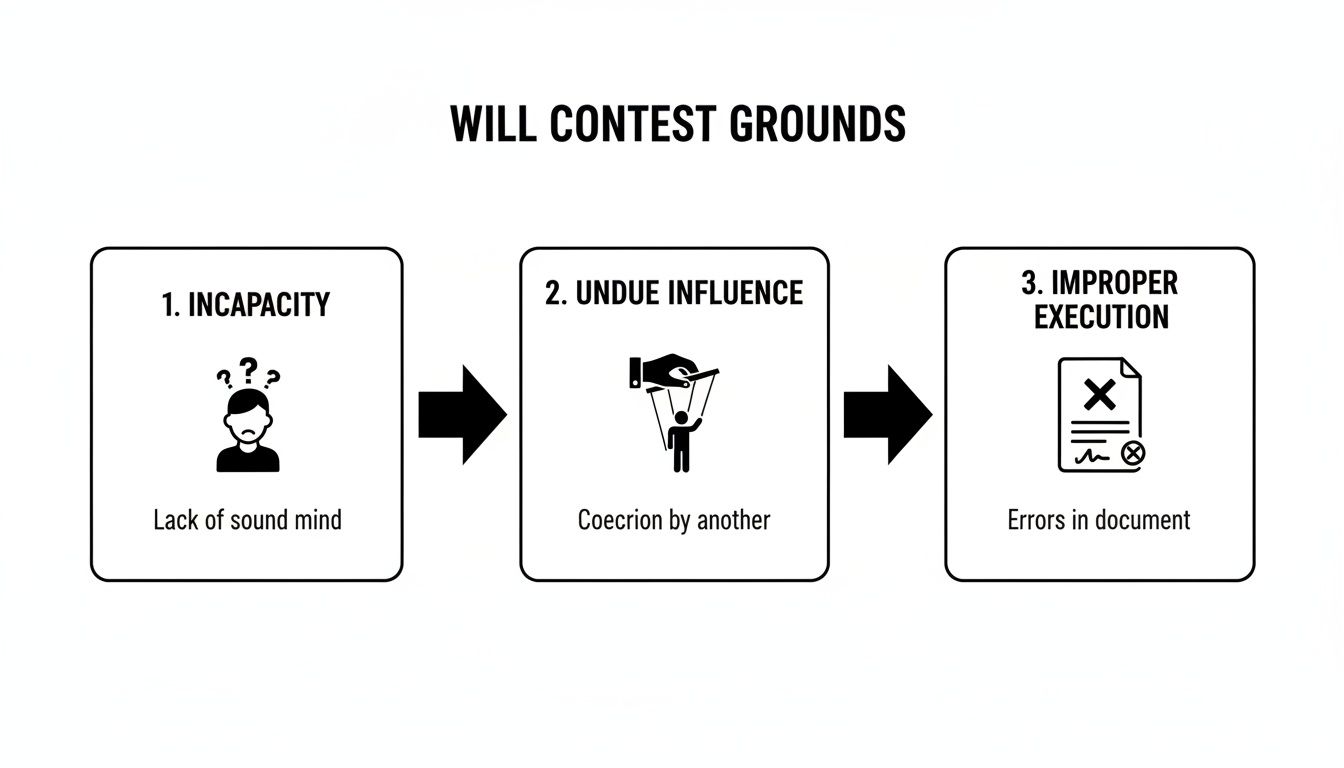 A diagram illustrating the three main grounds for contesting a will: incapacity, undue influence, and improper execution.