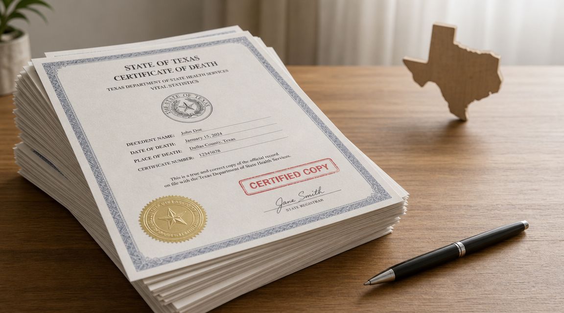 A stack of official Texas death certificates on a wooden desk with a pen and state map model.