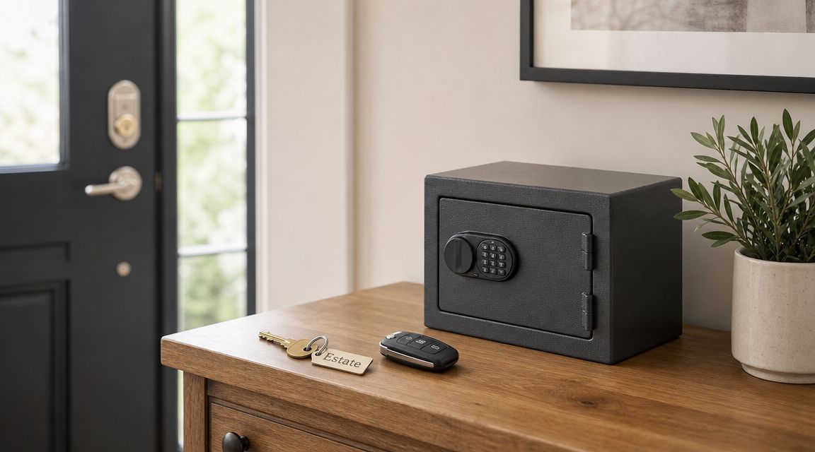 A small safe, car keys, and an estate key tag placed on a wooden entryway console table.
