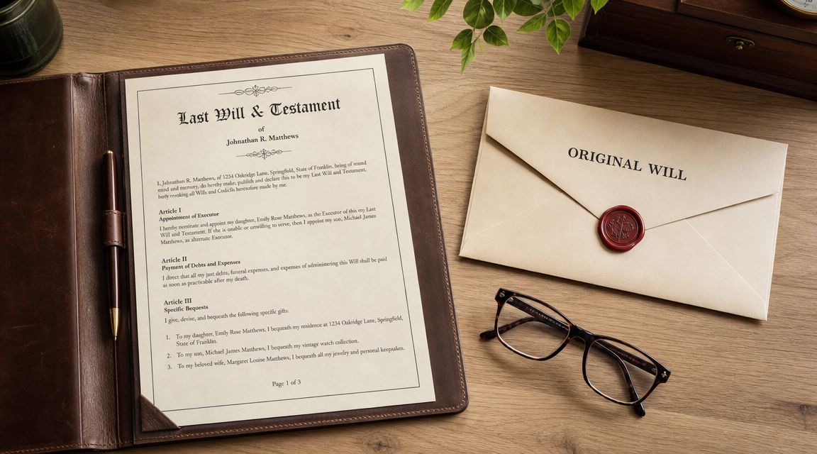 A professional document titled Last Will and Testament sits on a wooden desk next to glasses and envelope.