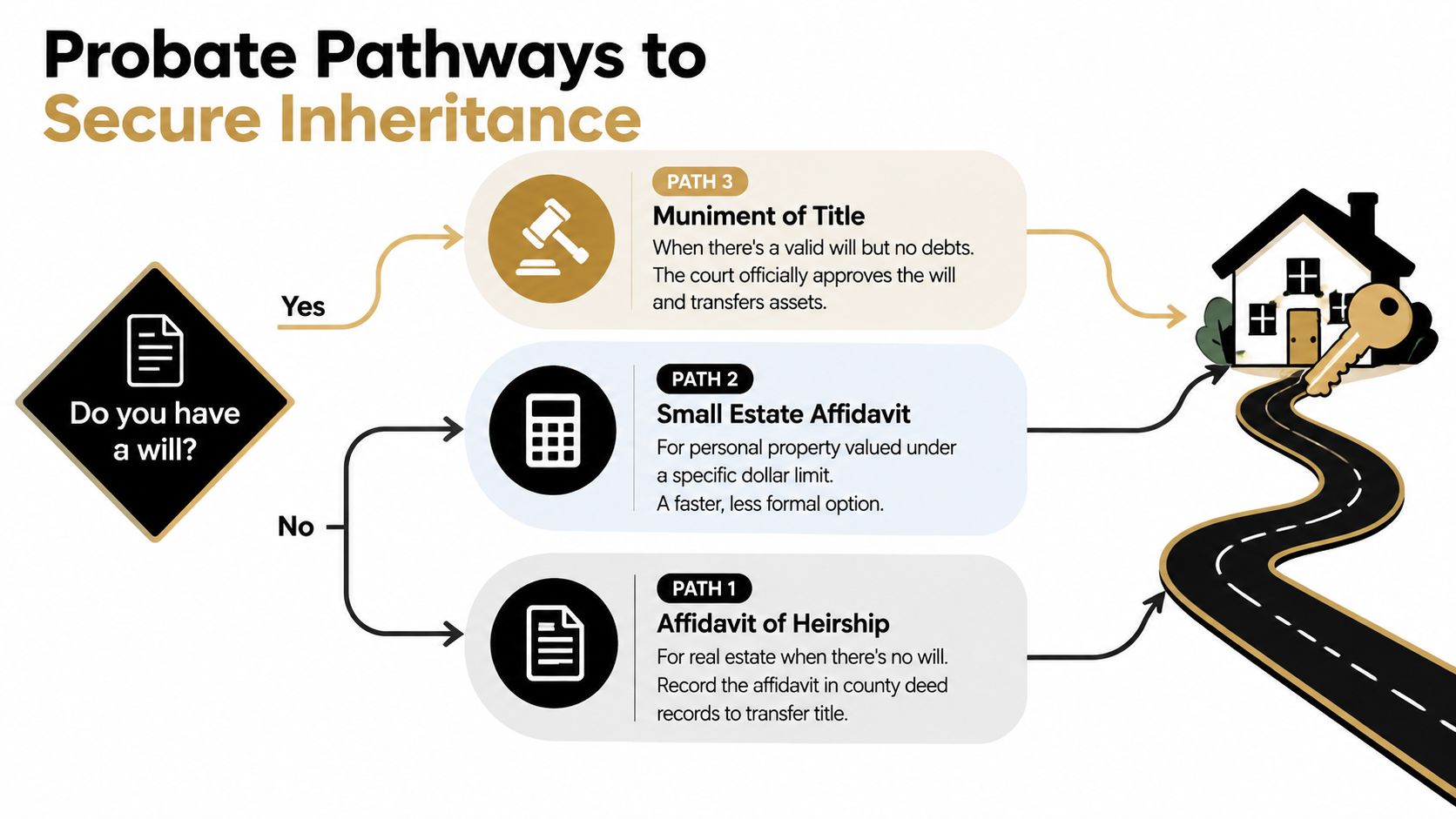 A flowchart infographic titled Probate Pathways to Secure Inheritance explaining legal steps for handling estates with or without a will.