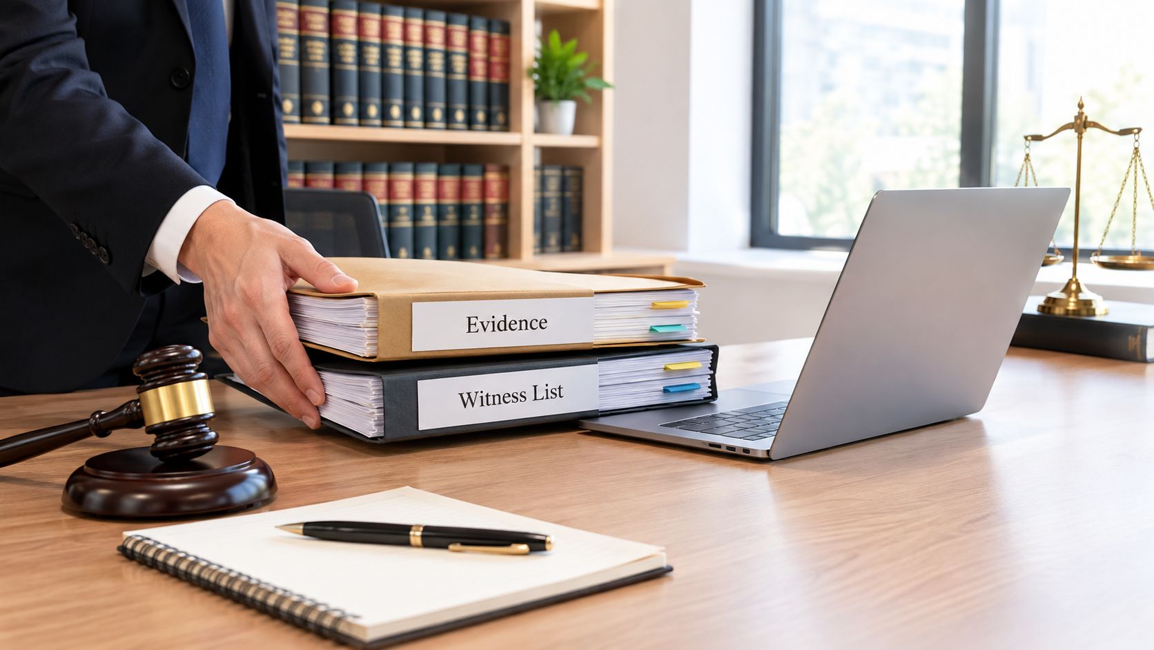 A lawyer holding legal files labeled Evidence and Witness List in a courtroom or office setting.