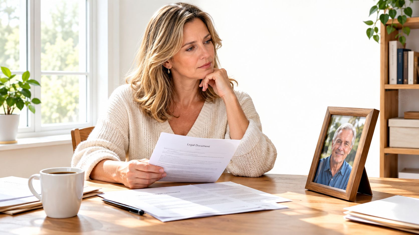 A concerned middle-aged woman sitting at a wooden desk reading a legal document near a framed photo.